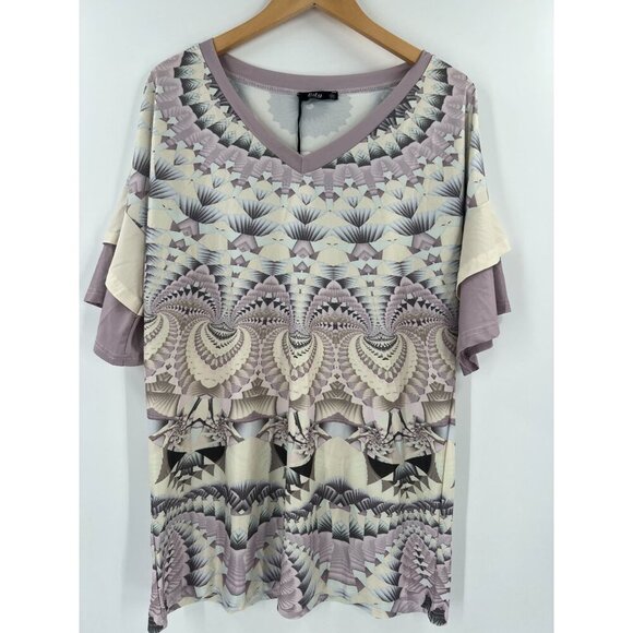 Lily By Firmiana Women Size L Bohemian Multicolor Ruffle Sleeve V-Neck Tunic Top - Picture 11 of 11
